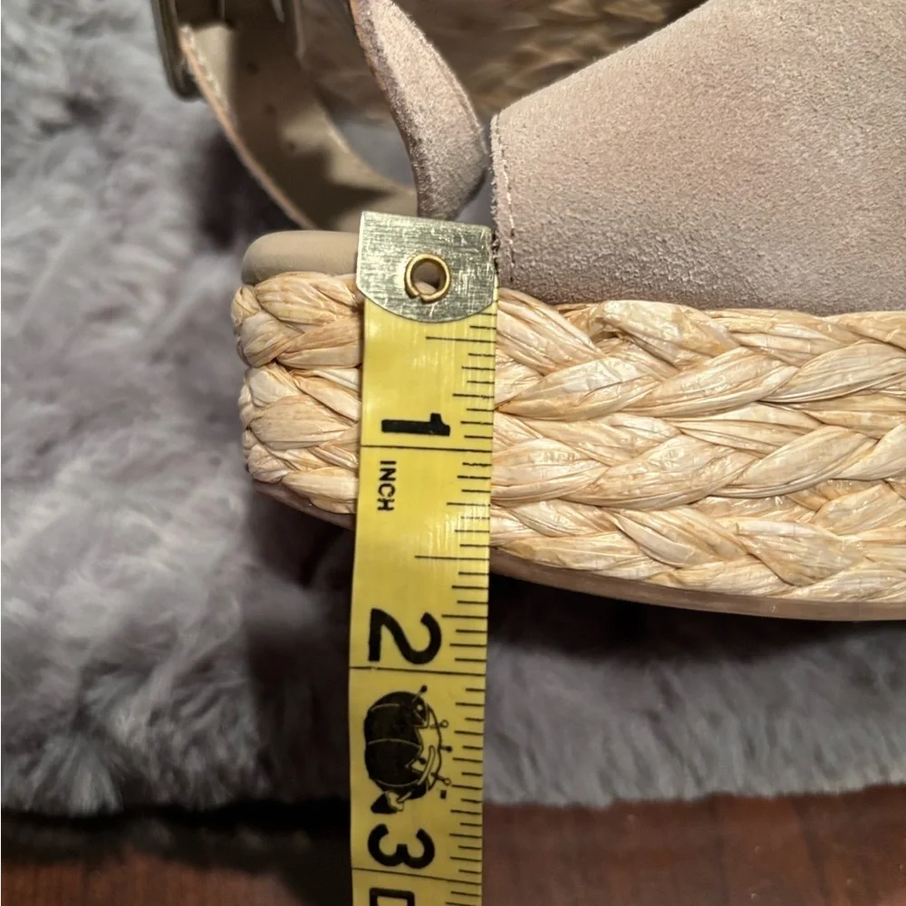 Marc Fisher Suede Taupe Sandals with ankle strap and rafia wedge